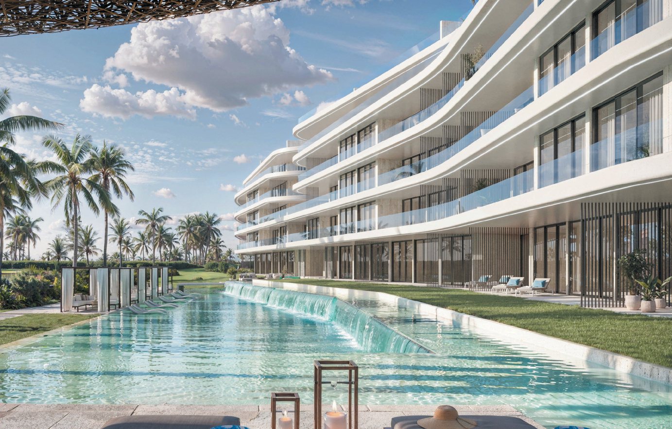 Reef and Golf Residences — lagoon pool along the curved building, architectural render