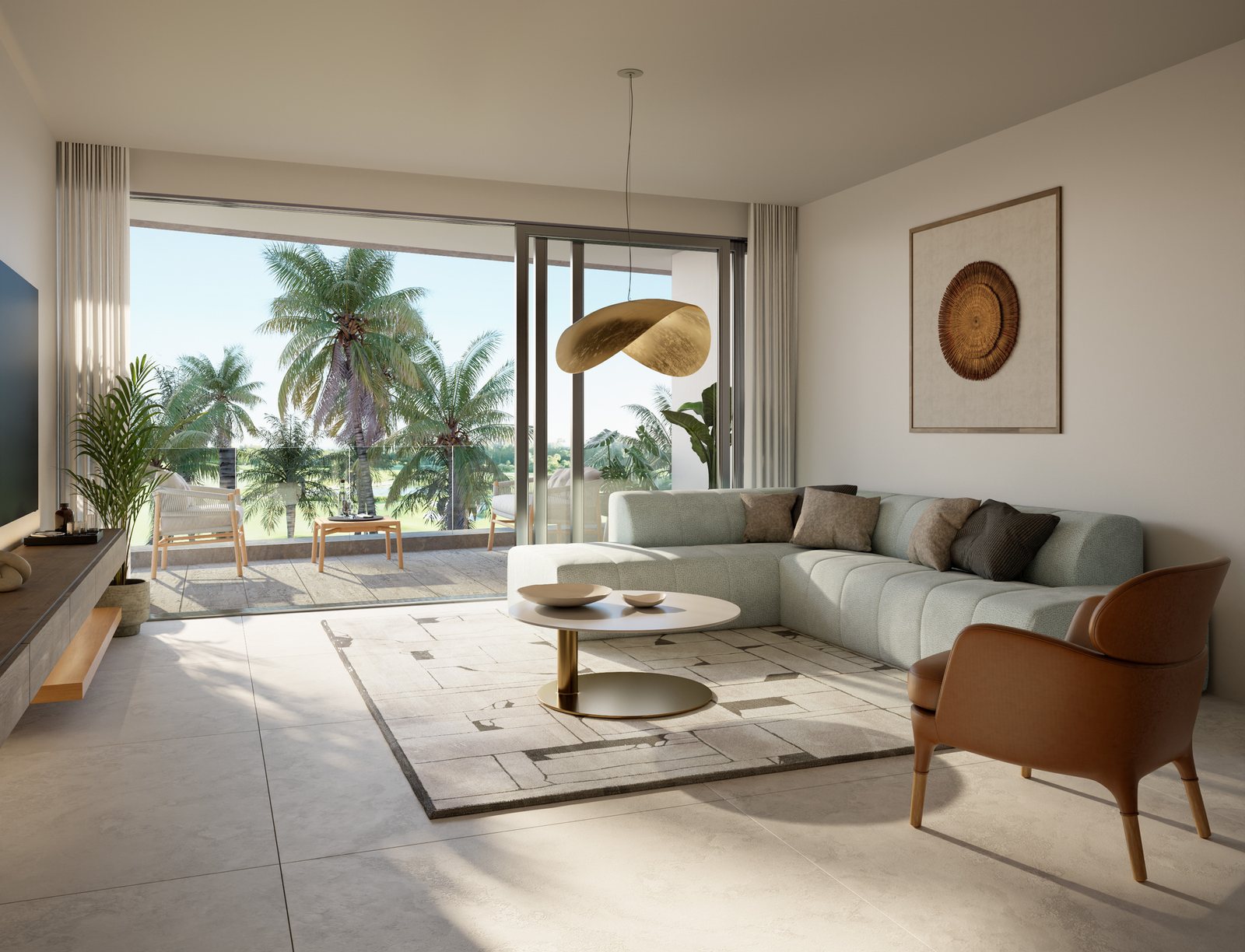 Reef and Golf residence living room with golf view terrace, render