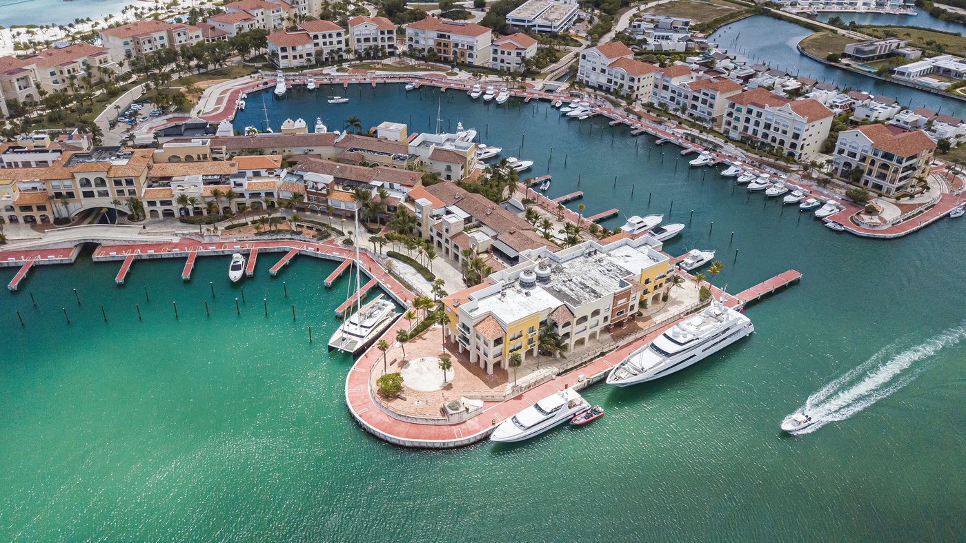 Aerial photo of Marina Cap Cana with yachts and turquoise water